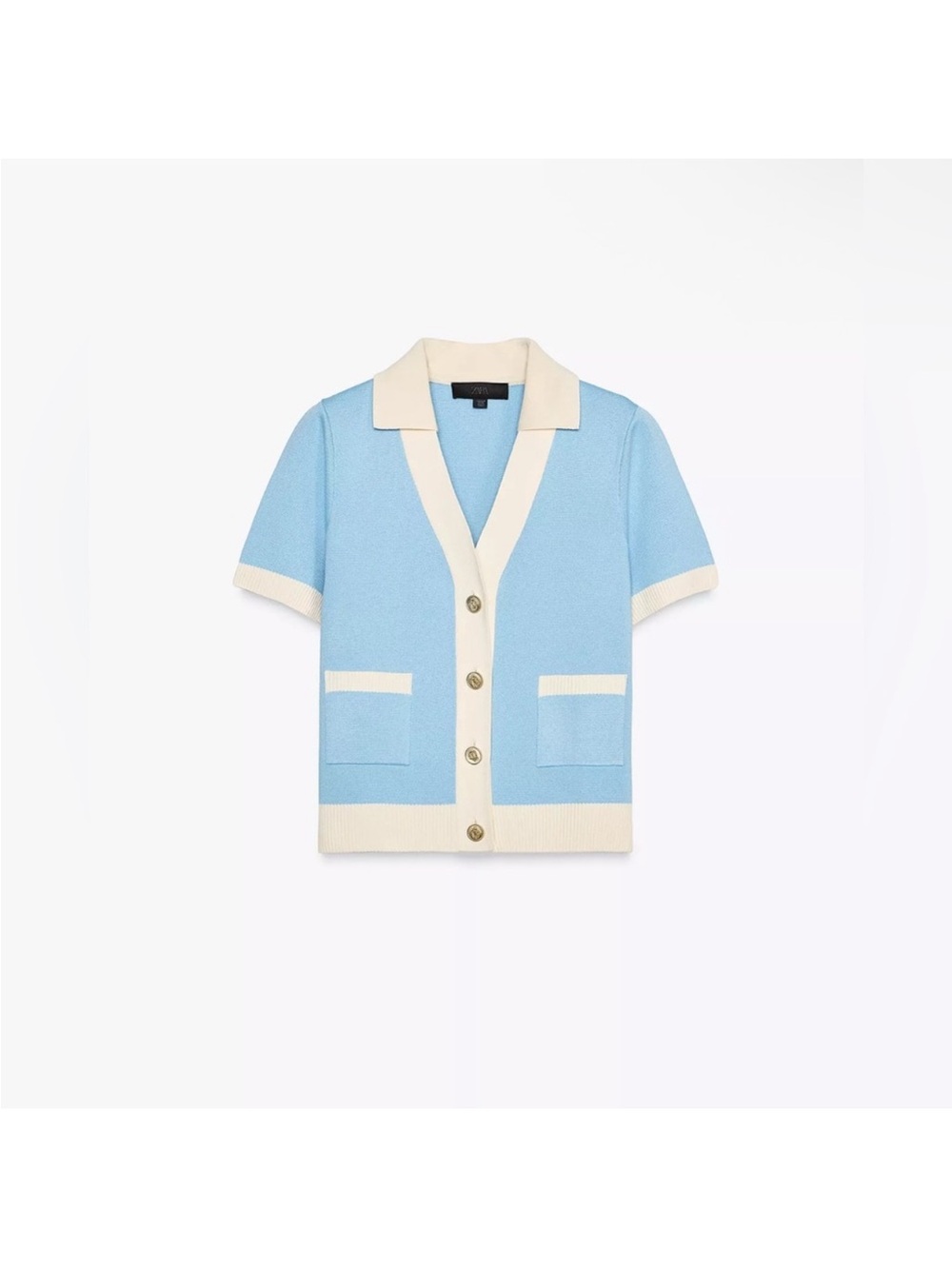 Zara Light Blue and Cream Short-Sleeve Button Cardigan